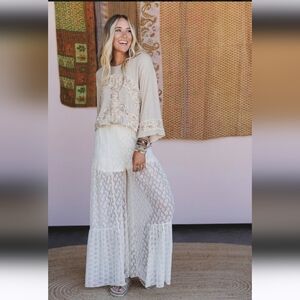 NEW NWT TBN Elegant Cream Lace Wide-Leg Pants:Small